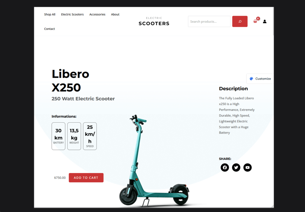 home page of spectra one theme’s electric scooter