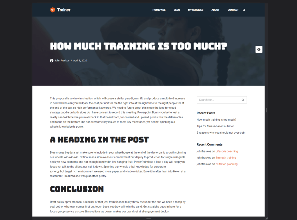 single post template of the neve trainer theme starter site