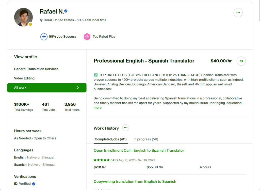 view the upwork profile of the translator