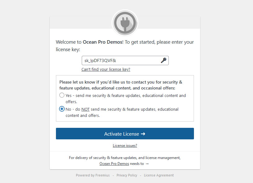 activate the license key for the oceanwp pro