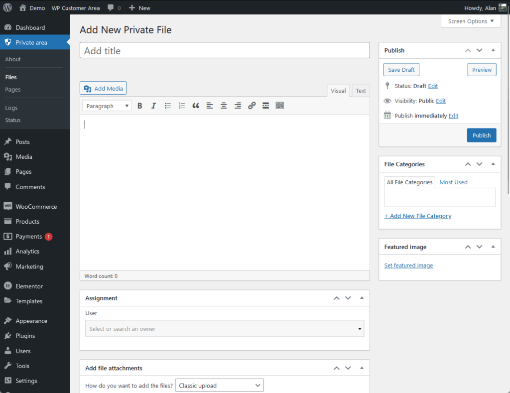 the page where you can add a new private file