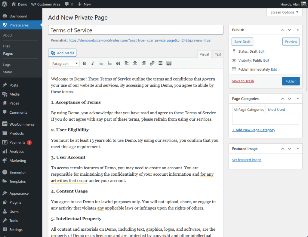 adding a new private page as terms of service