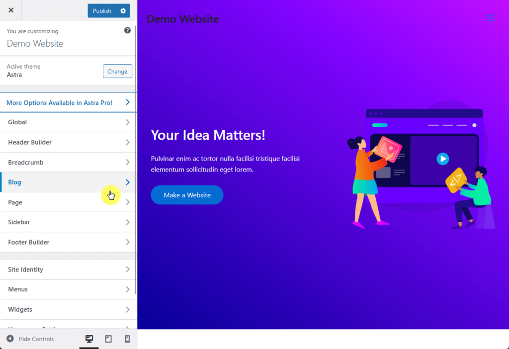 astraβs blog and page customizer options