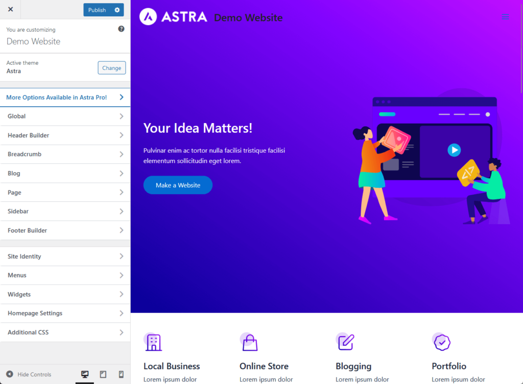 customizer options in the astra theme