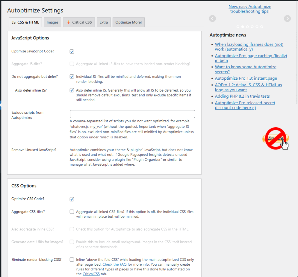 js, css, and html autoptimize settings