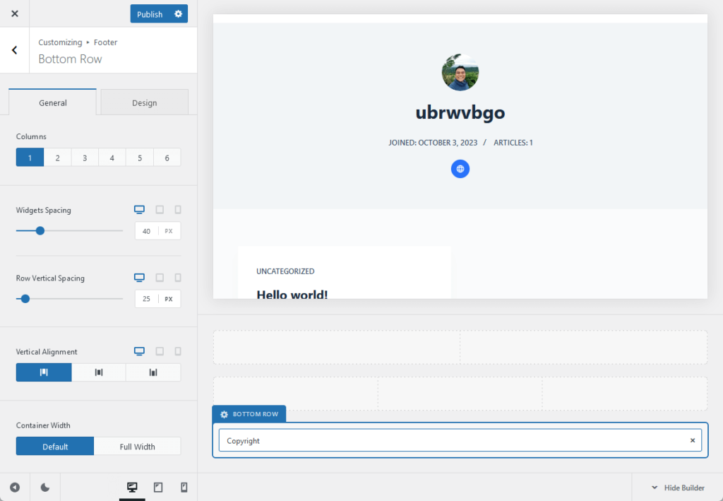 opening the footer settings in the customizer