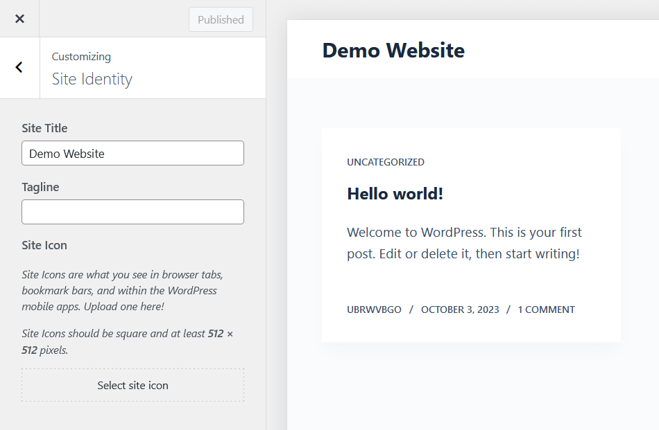 blocksy site identity settings in the customizer