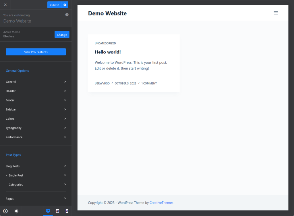 customizer options in the blocksy theme