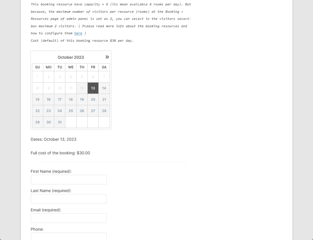 front-end side of the booking calendar demo