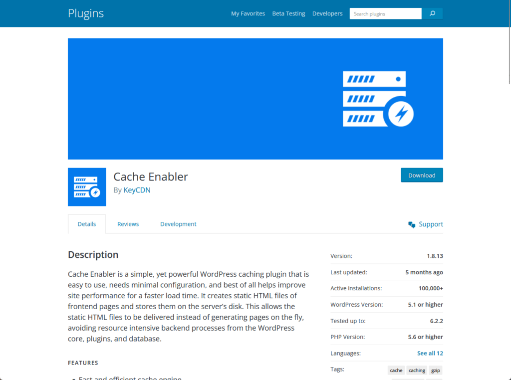 cache enabler in the plugin repository