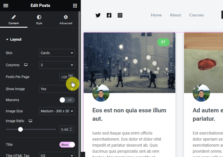 changing the maximum posts per page in elementor