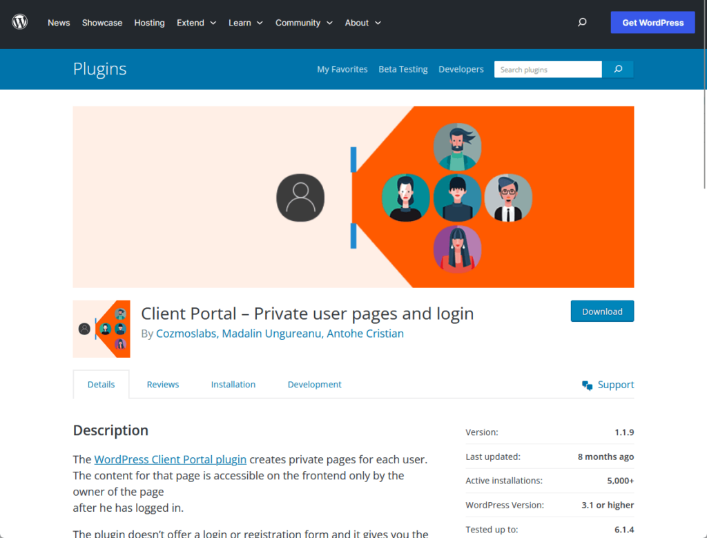 wordpress client portal plugin from its repository page