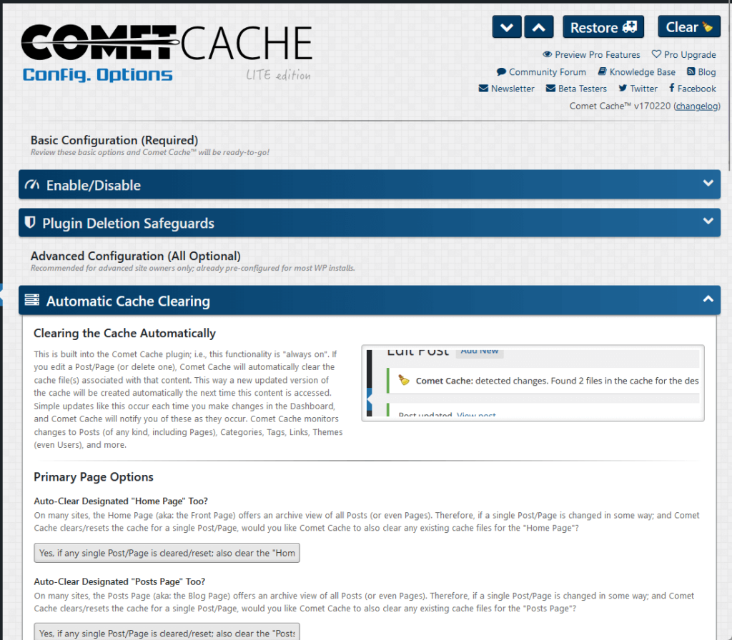 automatic cache clearing settings in comet cache