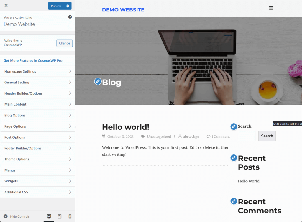 customizer options in the cosmoswp theme
