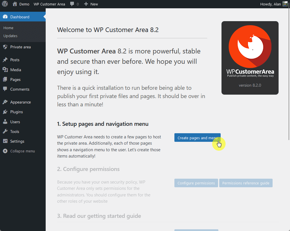 create a few pages to host the private area
