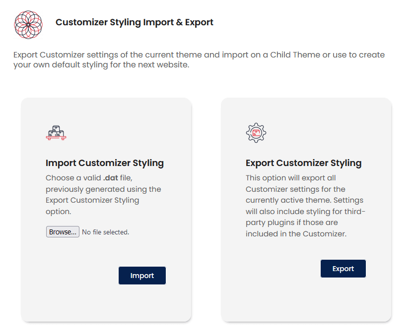 import/export customizer styling in oceanwp