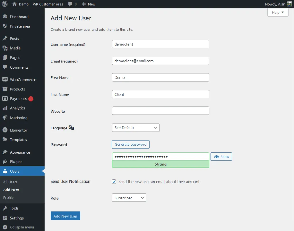create a brand new account for the demo client user