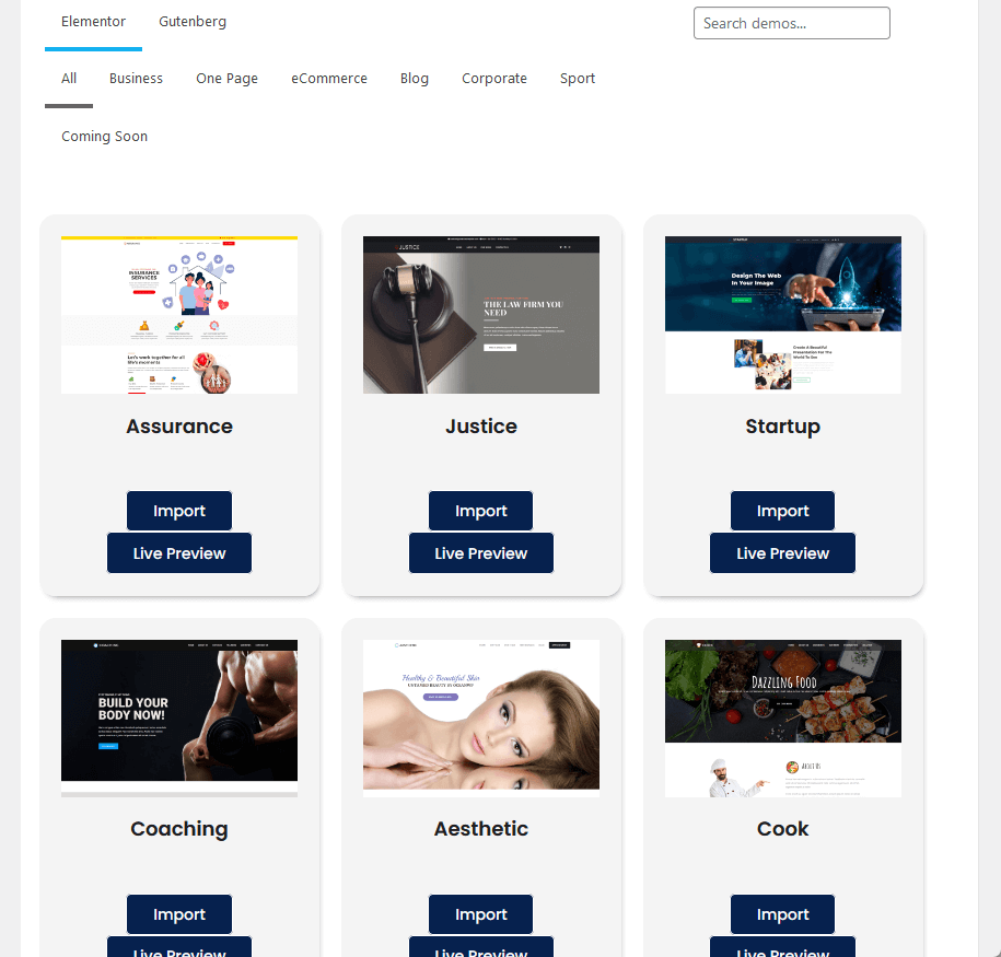 install demos section in the oceanwp panel