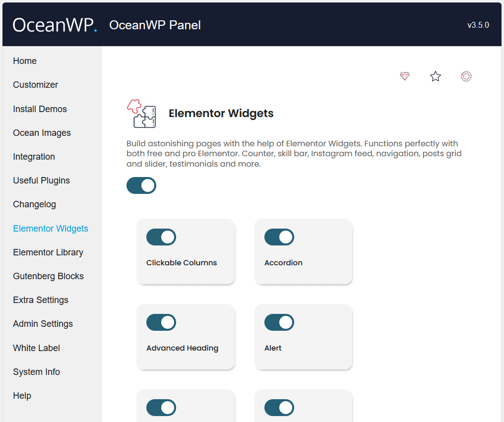 enable elementor widgets within the oceanwp panel