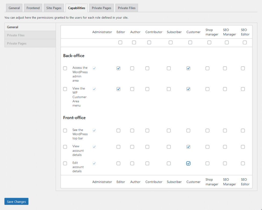 adjusting general permissions for different roles