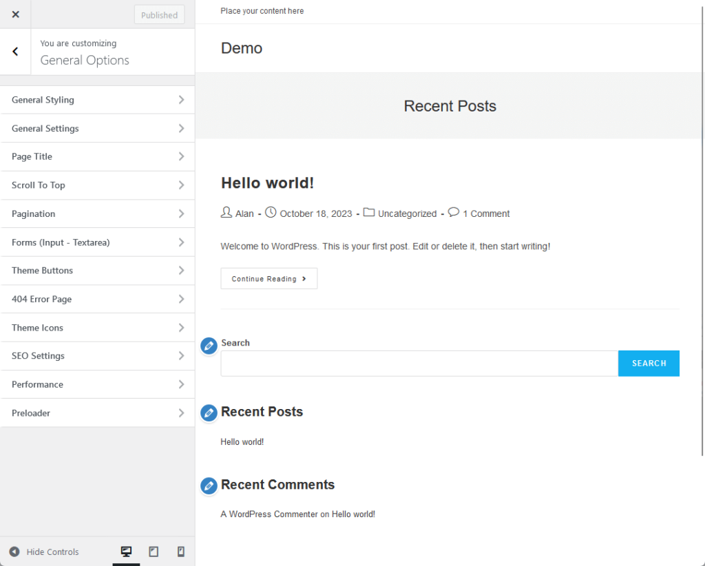 general customizer settings in oceanwp