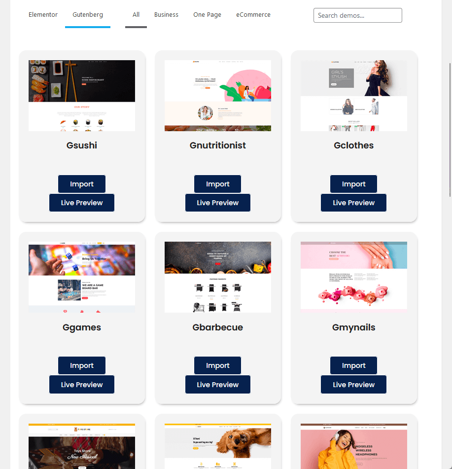 all the gutenberg site templates available in oceanwp