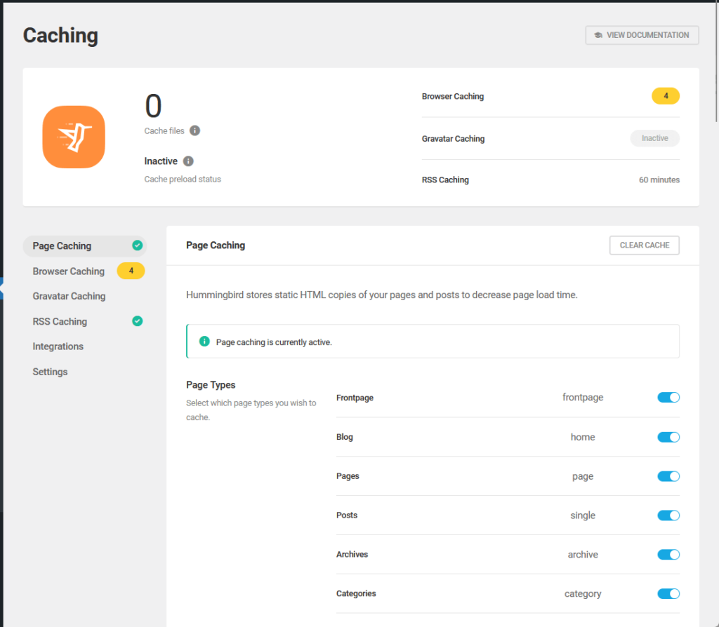 page caching settings in hummingbird