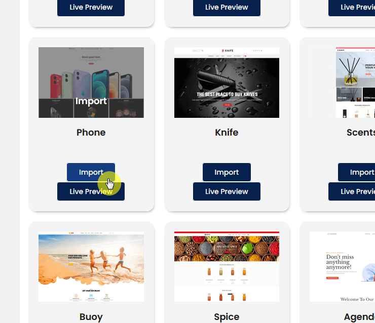 the import button for the phone template