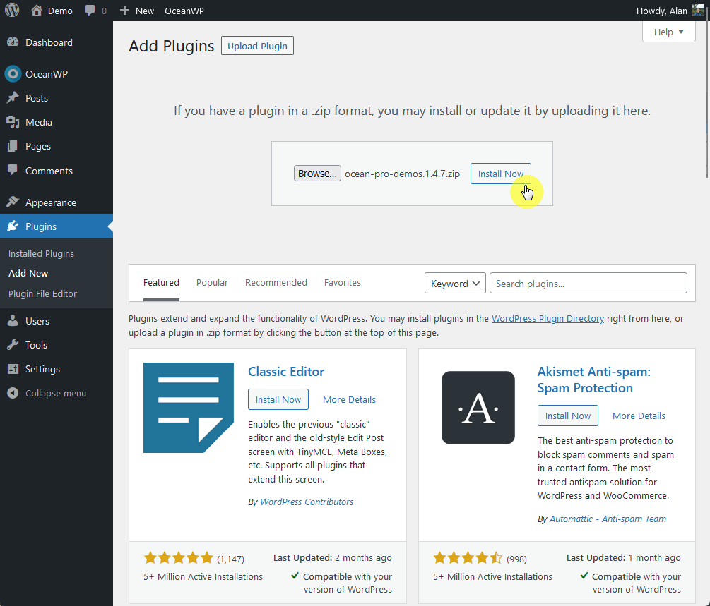 upload and install the ocean pro demos plugin