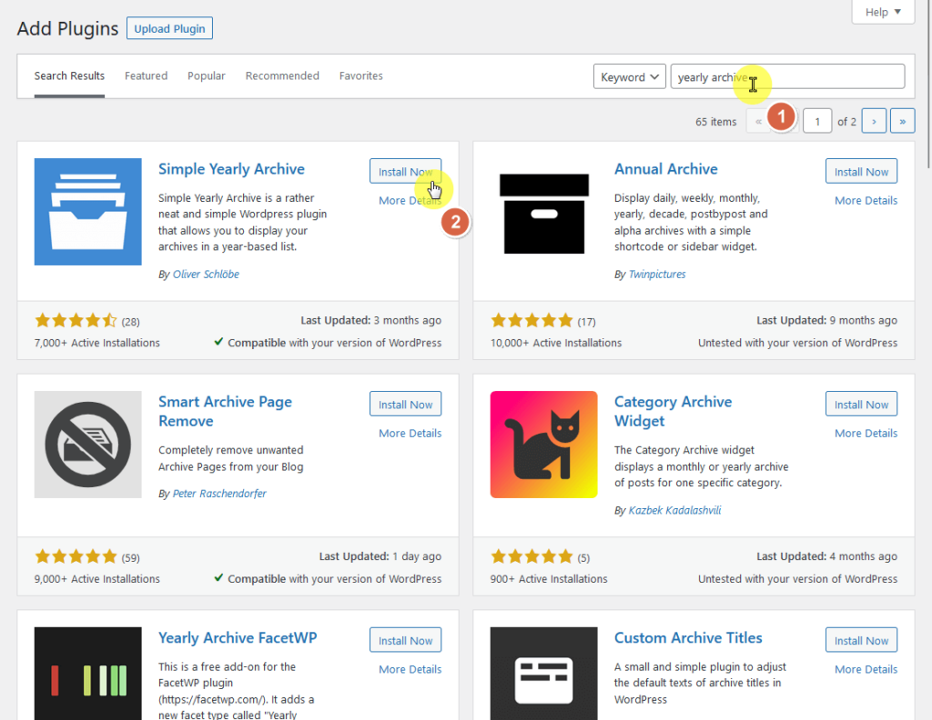 search, install, and activate simple yearly archive