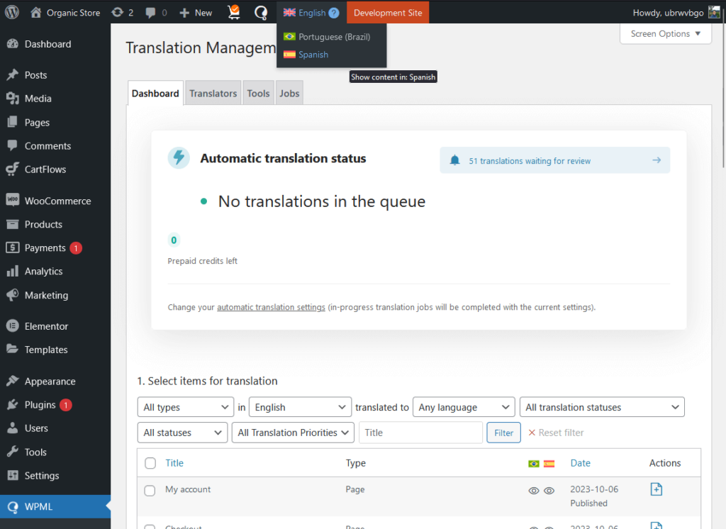 wpml translation management page