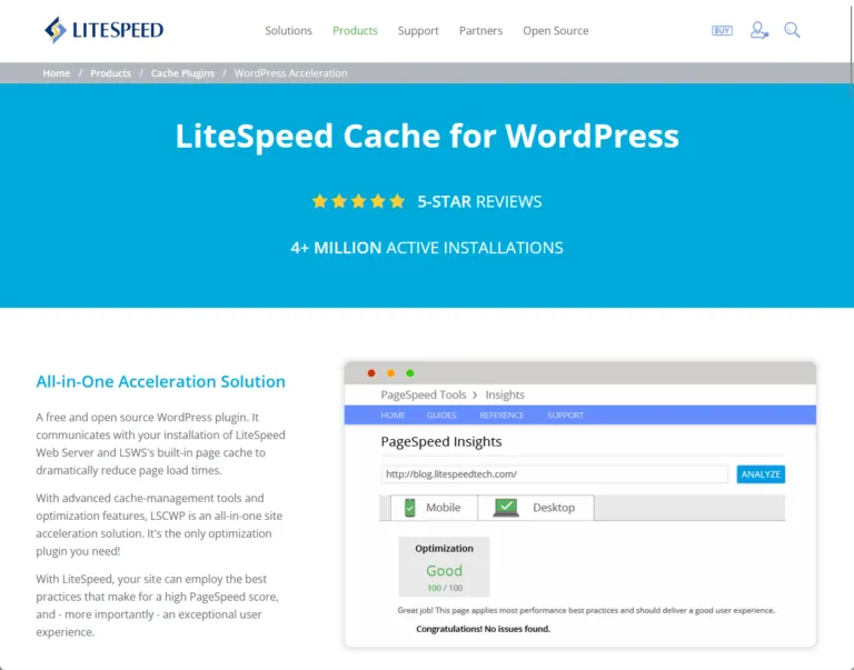 homepage of the litespeed cache plugin
