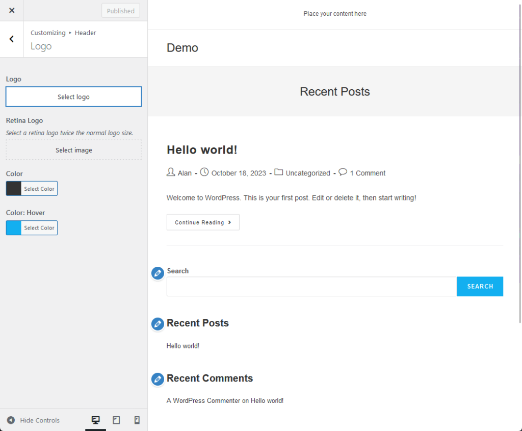 the logo options in the oceanwp theme customizer
