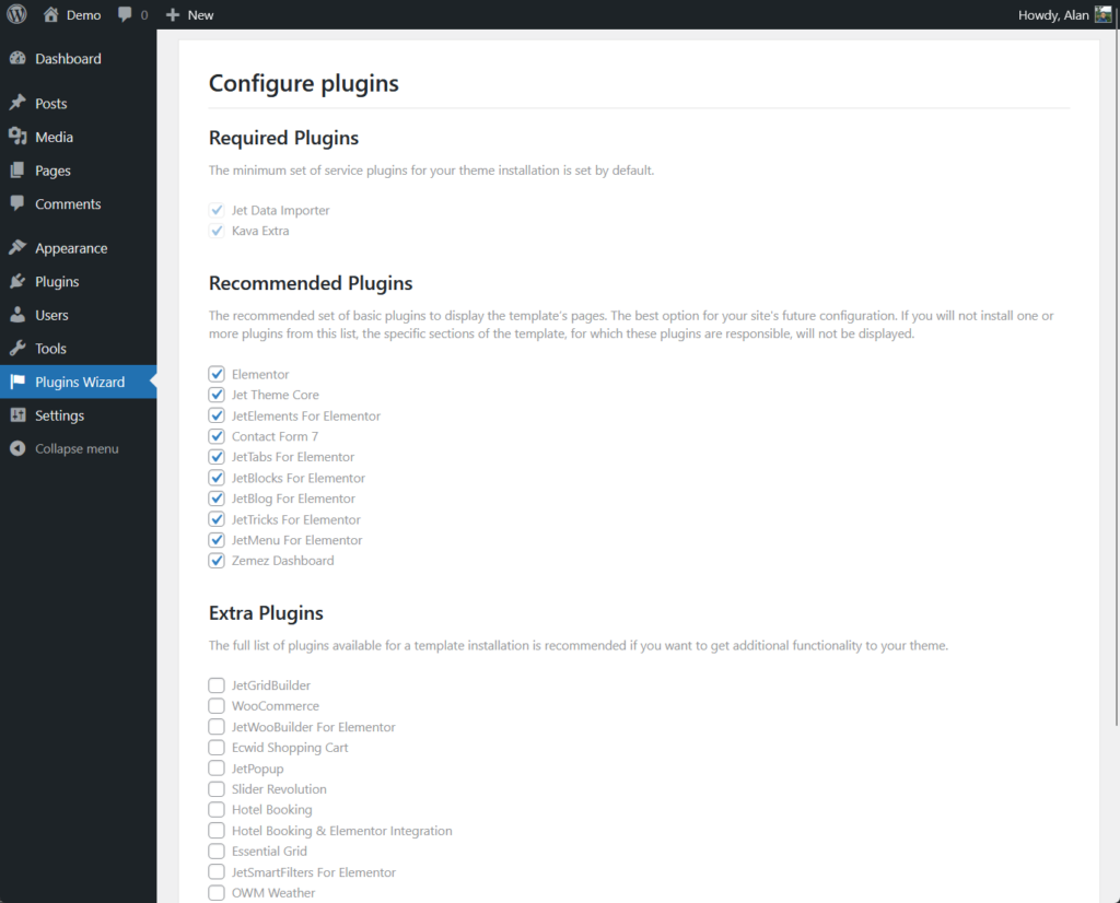 configure the recommended and extra plugins