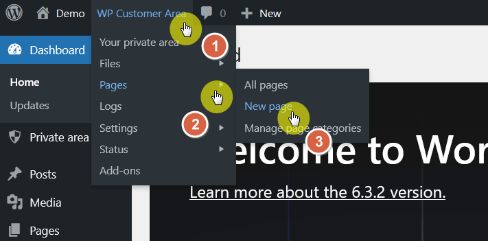 add a new page through wp customer area
