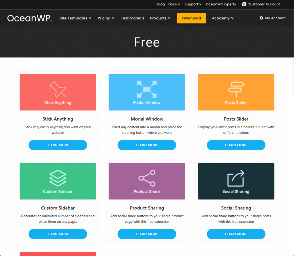 all the free extensions that oceanwp gives