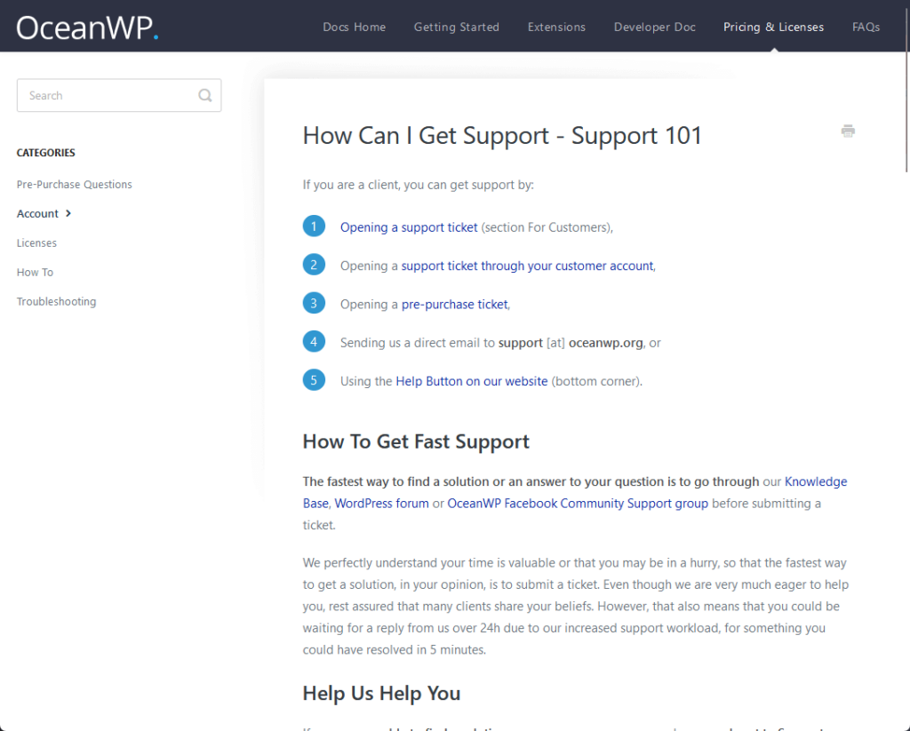 how can i get support - support 101 from oceanwp