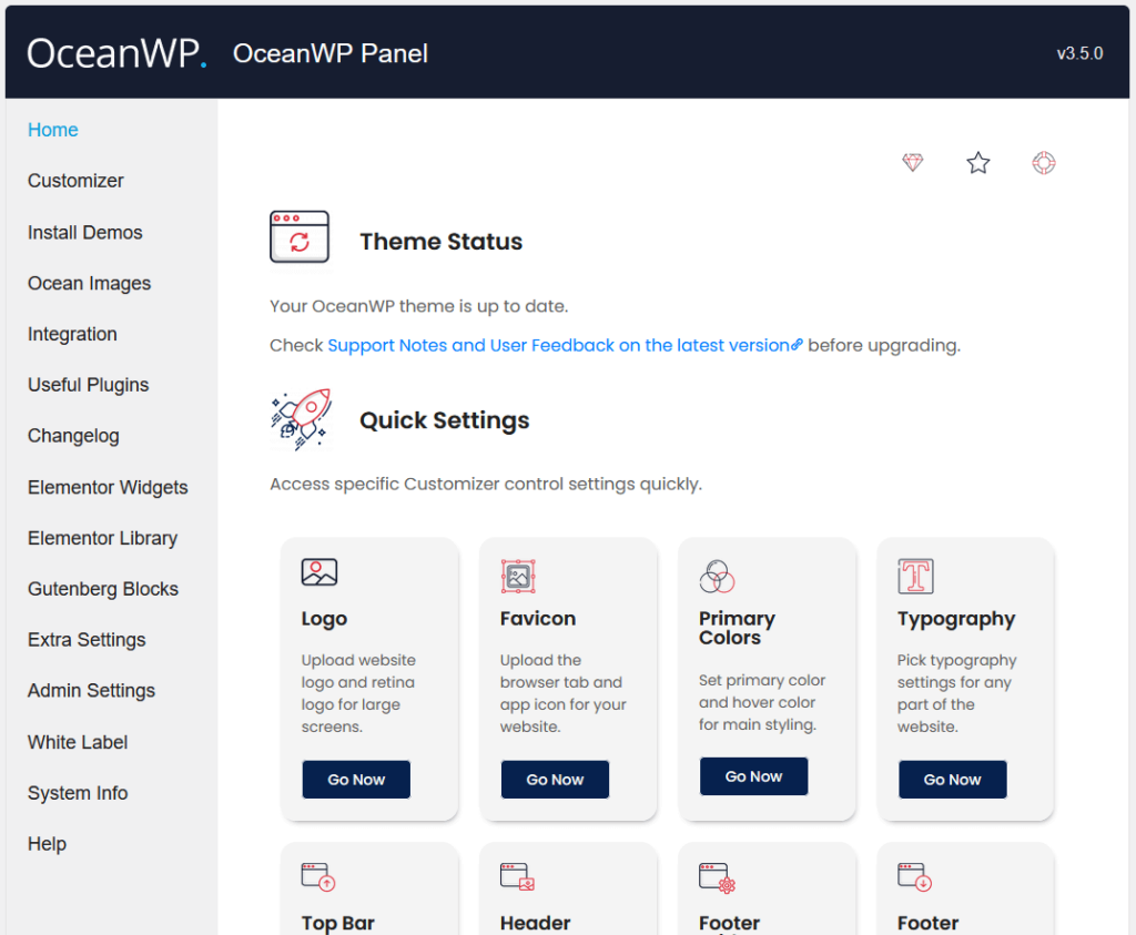 the home tab of the oceanwp panel