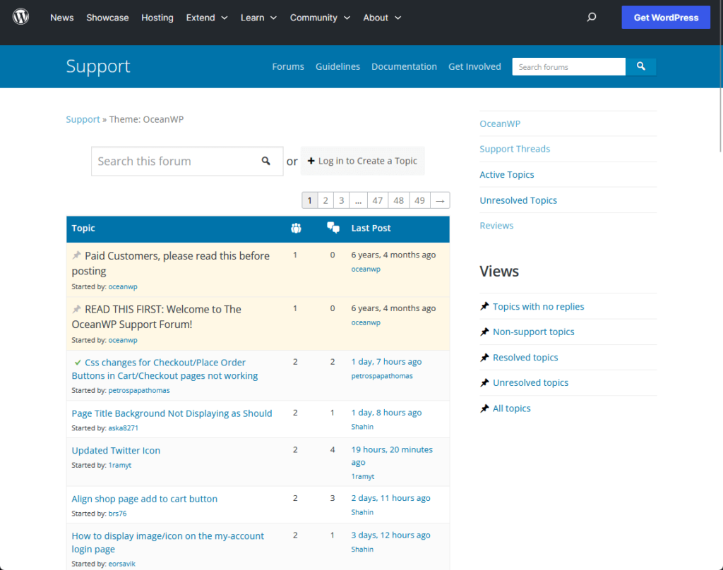 replies on forum posts on oceanwp wordpress forum