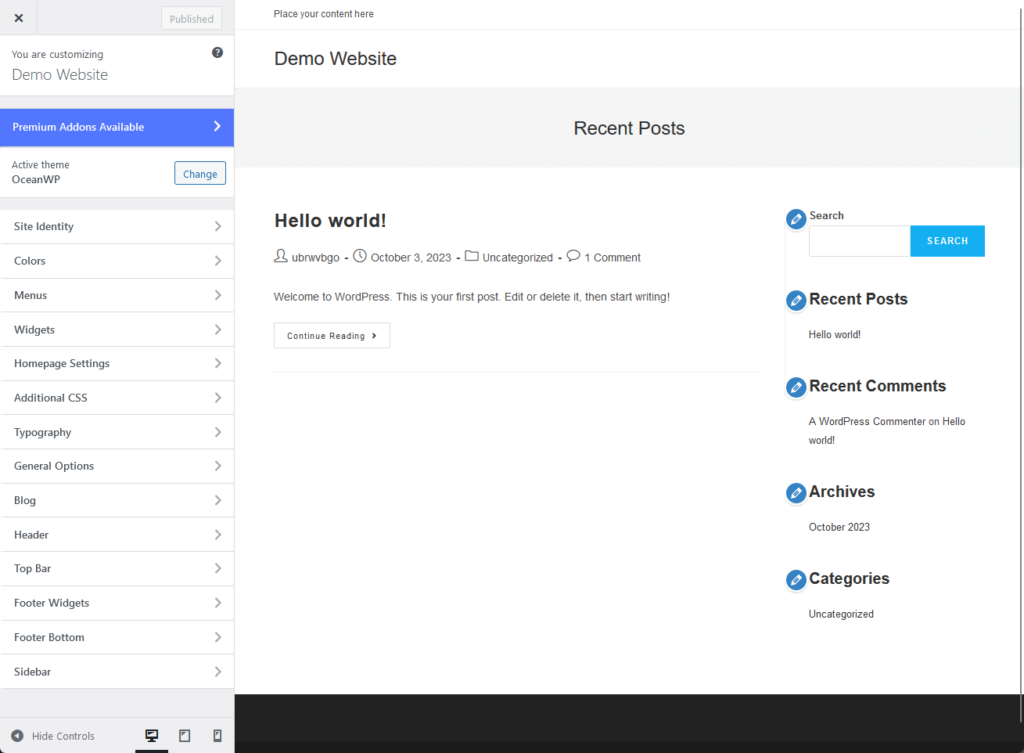 customizer options in the oceanwp theme