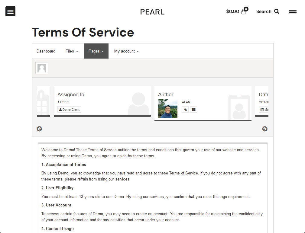 viewing the private page from the demo client’s perspective