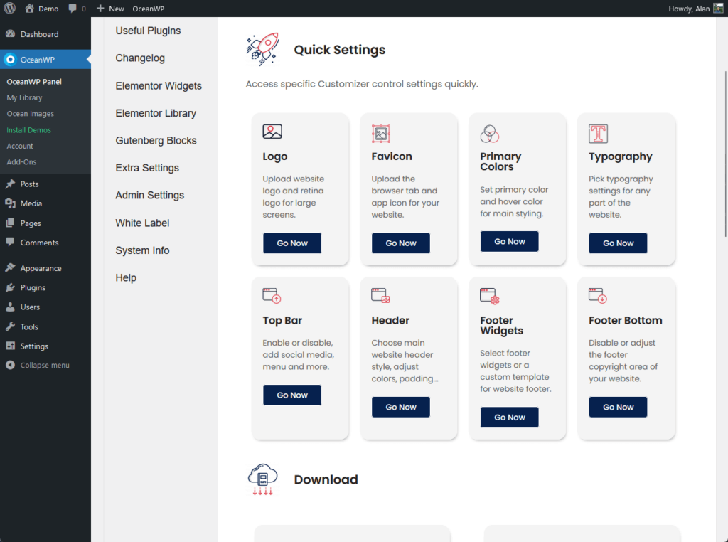 access to specific customizer control settings quickly