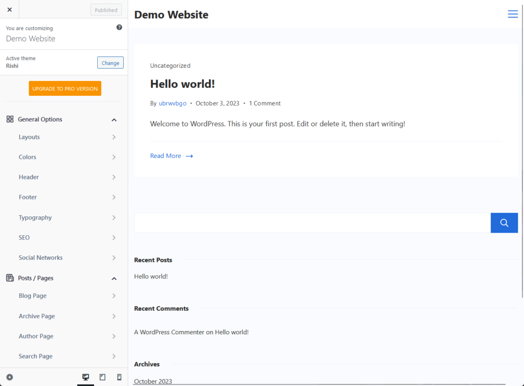 customizer options in the rishi theme