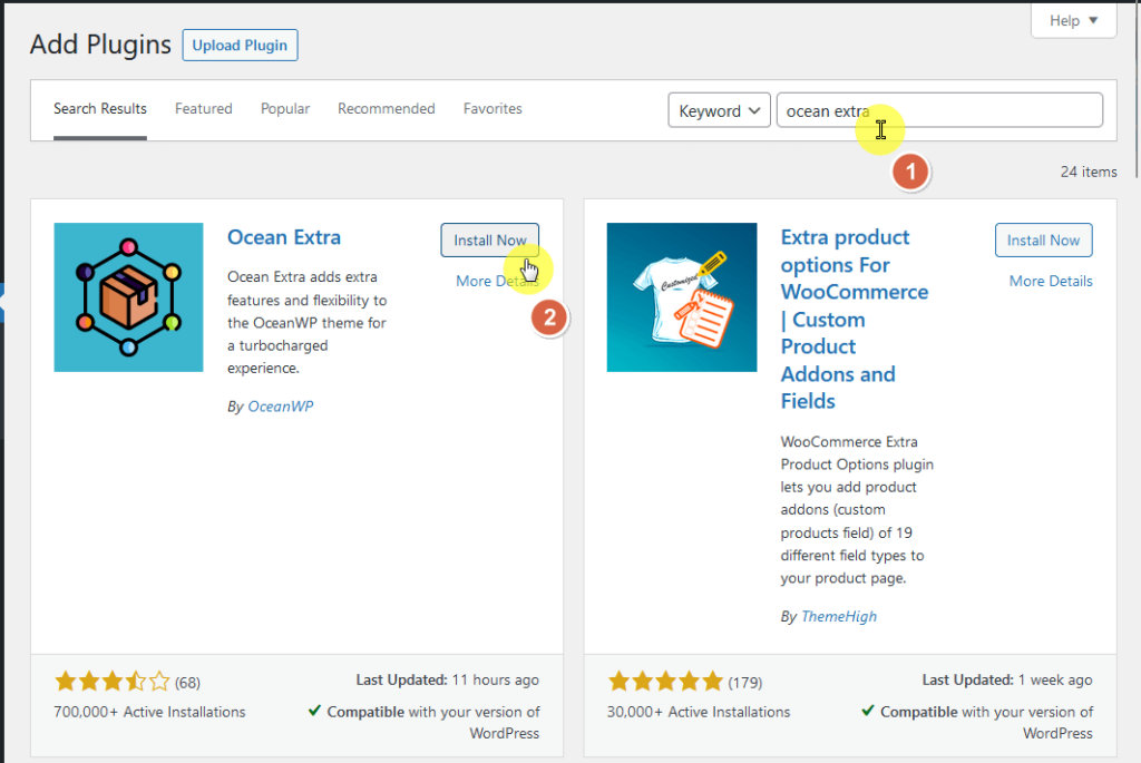 search, install, and activate the ocean extra plugin