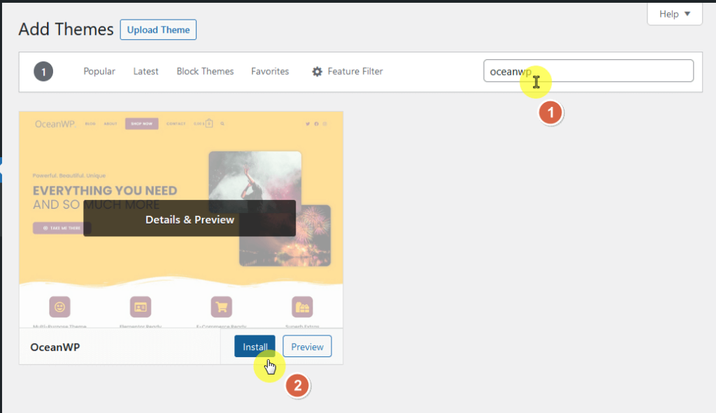 search, install, and activate the oceanwp theme
