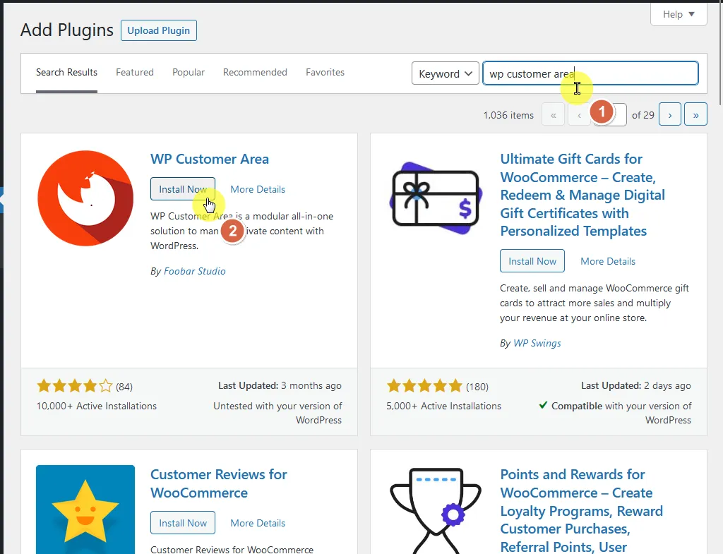 search and install the wp customer area plugin