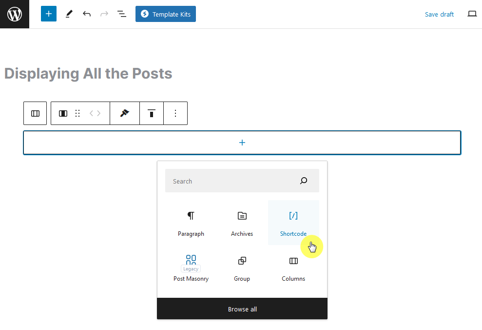 add a shortcode block to the page
