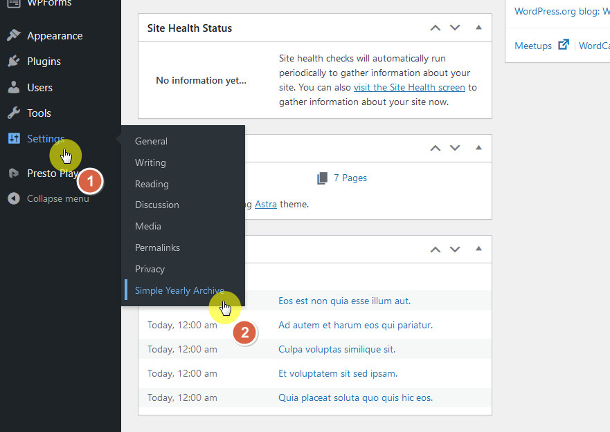 go to the simple yearly archive plugin settings