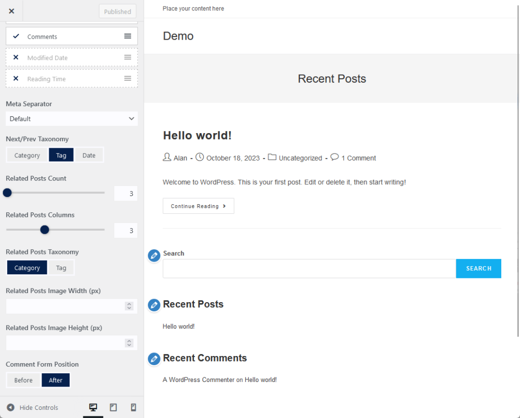 singlpe post customizer settings in oceanwp