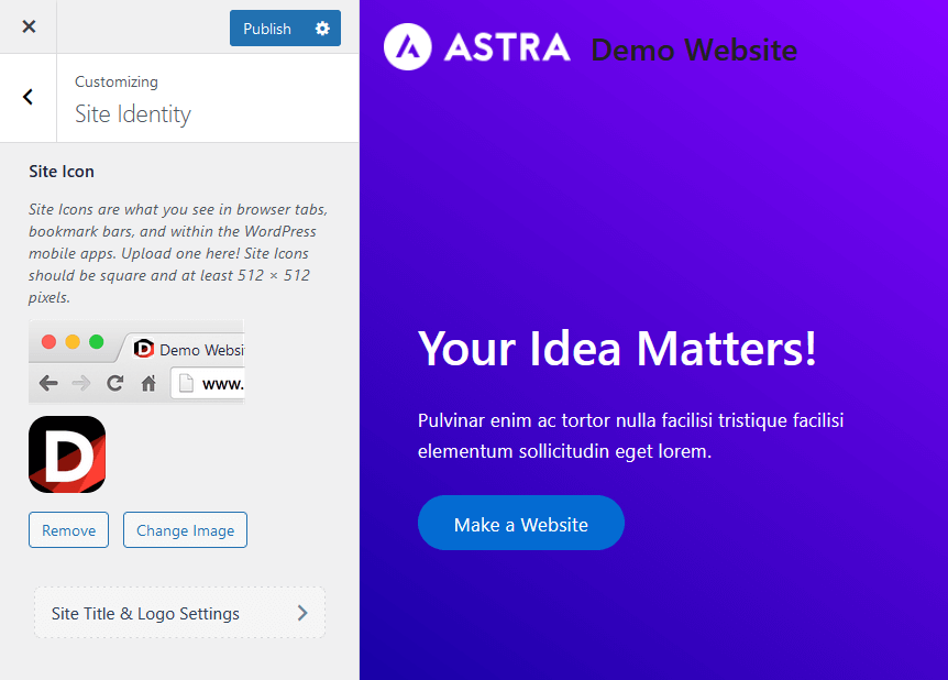 site icon settings in the customizer